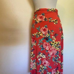 Bobeau Jersey Midi Skirt Orange Floral Print Med